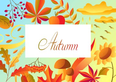 Stilize sonbahar öğeleri ile arka plan. Düşen yapraklar, meyveler ve bitkiler.