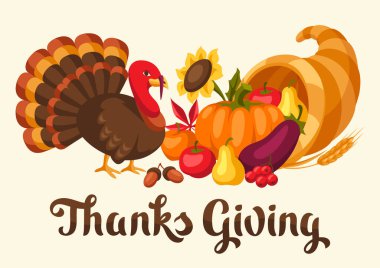 Tatil nesneleri ile Happy Thanksgiving Day tebrik kartı.