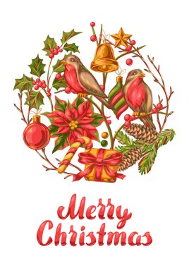 Mutlu Noel davetiyesi veya tebrik kartı. Vintage tarzı tatil illüstrasyon.