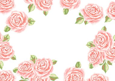 Pembe güllü arka plan ya da kart. Güzel gerçekçi çiçekler, tomurcuklar ve yapraklar.