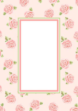 Pembe güllü arka plan ya da kart. Güzel gerçekçi çiçekler, tomurcuklar ve yapraklar.