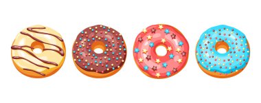 Bir set jöleli çörek ve şekerleme. Çeşitli renkli tatlı hamur işlerinin tasviri.