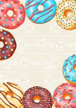 Jöleli çörek ve şekerli kart. Çeşitli renkli tatlı hamur işlerinin arka planı.