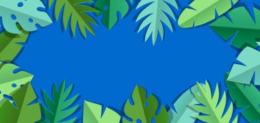 Arka planda kağıt palmiye yaprakları var. Tropikal bitki ve yaprakların dekoratif görüntüsü.