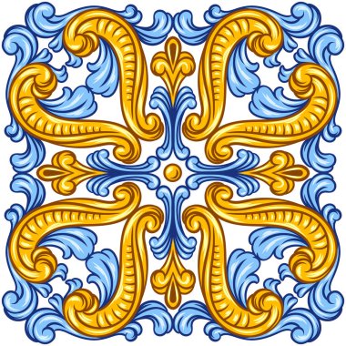 Portekiz azulejo seramik seramik deseni. Akdeniz geleneksel süsü. İtalyan çömleği ya da İspanyol majolikası. Klasik parşömen yapraklarıyla barok ispanyol arkaplanı.