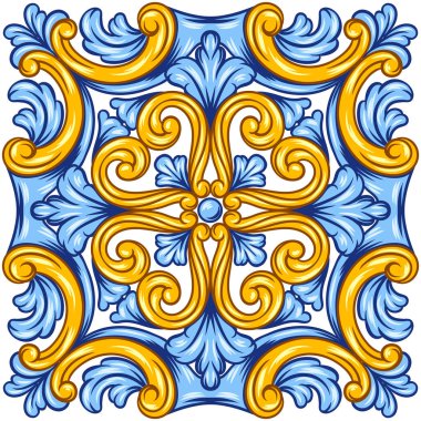 Portekiz azulejo seramik seramik deseni. Akdeniz geleneksel süsü. İtalyan çömleği ya da İspanyol majolikası. Klasik parşömen yapraklarıyla barok ispanyol arkaplanı.