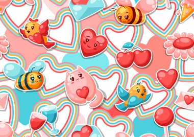 Sevgililer Gününüz kutlu olsun. Aşk sembollü Kawaii illüstrasyonu.