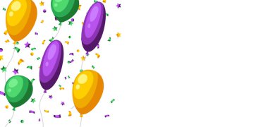 Mardi Gras renklerinde balonlu kart. Geleneksel bayram veya festival için karnaval arka planı.