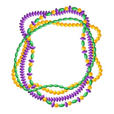 Mardi Gras renklerinde boncuklu çerçeve. Geleneksel bayram veya festival için karnaval arka planı.