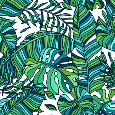 Palmiye yapraklarıyla kusursuz desen. Tropikal bitki ve yaprakların dekoratif görüntüsü.