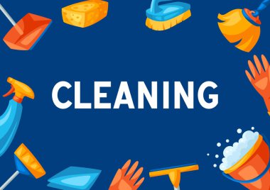 Temizlik malzemeleriyle birlikte oda temizliği geçmişi. Hizmet, tasarım ve reklam için illüstrasyon.