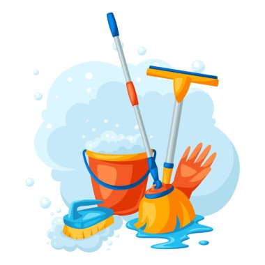 Temizlik malzemeleriyle birlikte oda temizliği geçmişi. Hizmet, tasarım ve reklam için illüstrasyon.