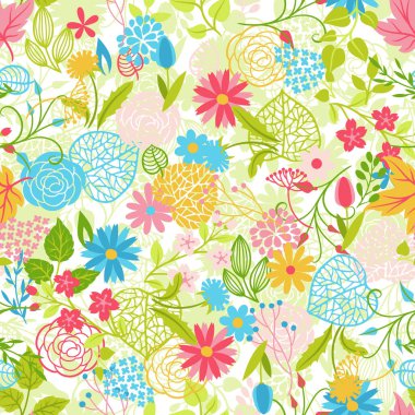 Bahar çiçekleri ile Seamless modeli. Güzel dekoratif doğal bitkiler, tomurcukları ve yaprakları.