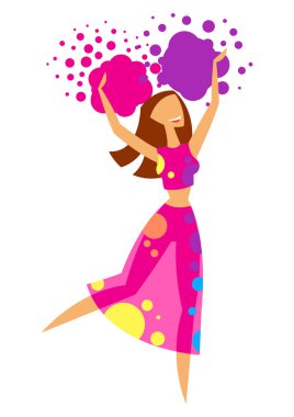 Happy dansing girl throw paint. Poster for Holi color festival. clipart