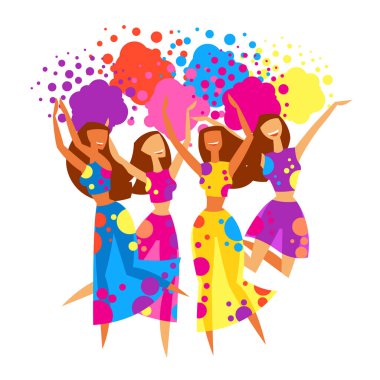 Mutlu dansçı kızlar boya atar. Holi renk festivali için poster.