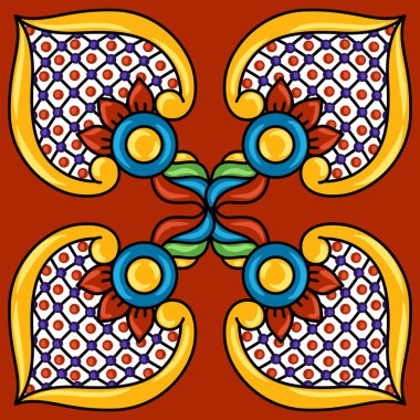 Meksika talavera seramik seramik deseni. Süslü çiçeklerle süslenmiş. Geleneksel dekoratif nesneler. Etnik halk süsü.