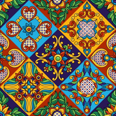 Meksikalı talavera seramik seramik dikişsiz desen. Süslü çiçeklerle süslenmiş. Geleneksel dekoratif nesneler. Etnik halk süsü.