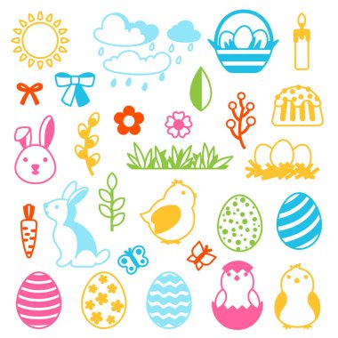 Happy Easter set of holiday items. Decorative symbols and objects, eggs, bunnies.
