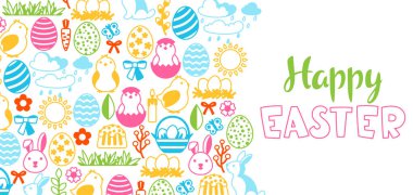 Bayram eşyalarıyla Paskalya tebrik kartın kutlu olsun. Dekoratif semboller ve nesneler, yumurtalar, tavşanlar.