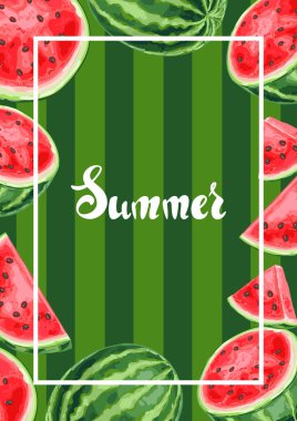 Karpuz ve dilimlerle donatılmış bir arka plan. Yaz meyve dekoratif illüstrasyonu.