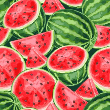 Karpuz ve dilimlerle kusursuz desen. Yaz meyve dekoratif illüstrasyonu.