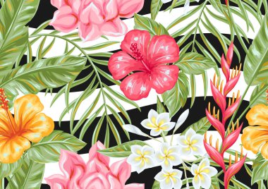 Tropikal çiçekler ve yapraklarla kusursuz bir desen. Dekoratif egzotik yapraklar, palmiyeler ve bitkiler.