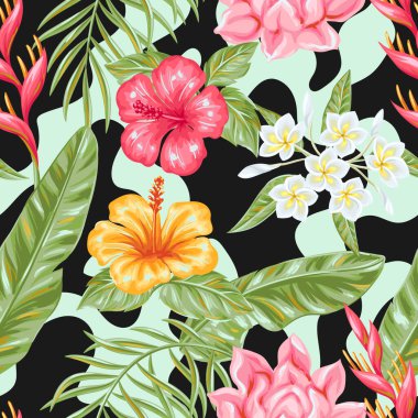 Tropikal çiçekler ve yapraklarla kusursuz bir desen. Dekoratif egzotik yapraklar, palmiyeler ve bitkiler.