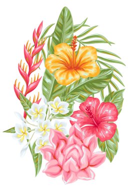 Tropikal çiçekler ve yapraklarla dekoratif bir element. Egzotik yapraklar, palmiyeler ve bitkiler.