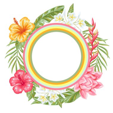 Arkaplanda tropik çiçekler ve yapraklar var. Dekoratif egzotik yapraklar, palmiyeler ve bitkiler.