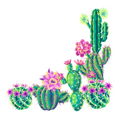Kaktüs ve çiçeklerle dolu bir arka plan. Dekoratif dikenli kaktüsler elde çizilmiş stil.