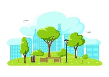 Güzel yaz ya da bahar şehir parkının tasviri. Yürümek ve dinlenmek için çimenli ve ağaçlı kentsel alan.