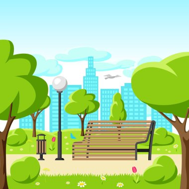 Güzel bir yaz ya da bahar şehir parkı olan bir arka plan. Yürümek ve dinlenmek için çimenli ve ağaçlı kentsel alan.