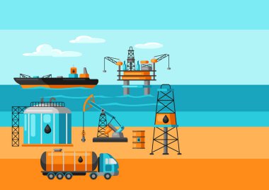 Illustration of oil production. Industrial and business landscape background. clipart