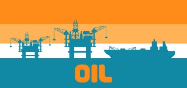 Petrol denizi platformu ve tanker çizimi. Sanayi ve iş sahası geçmişi.