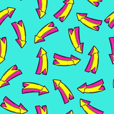 Çizgi filmlerdeki dekoratif oklarla kusursuz desen. Şehirli renkli yaratıcı genç geçmişi. Modern çizgi roman tarzında moda sembolü.