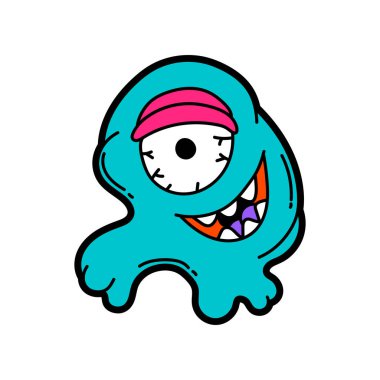 Çizgi film canavarı tasviri. Şehirli renkli yaratıcı genç imajı. Modern çizgi roman tarzında şeytani bir yaratık..