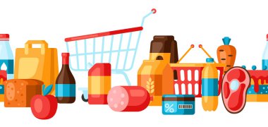 Yiyecek ikonlarının olduğu kusursuz bir süpermarket modeli. Düz stil ile market illüstrasyonu.