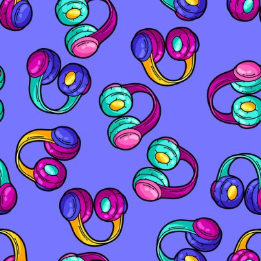 Çizgi film müzikli kulaklıklarla kusursuz desen. Müzik partisi renkli genç yaratıcı illüstrasyon. Modern çizgi roman tarzında moda sembolü.