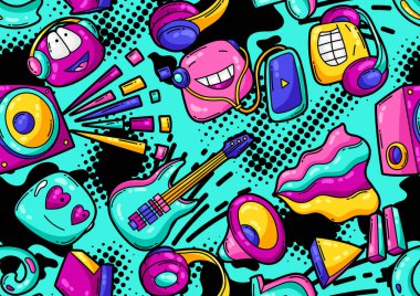 Çizgi film müzikleriyle kusursuz desen. Müzik partisi renkli gençlerin yaratıcı geçmişi. Modern çizgi roman tarzında moda sembolü.