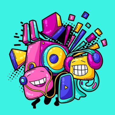 Çizgi film müzikleriyle dolu bir arka plan. Müzik partisi renkli genç yaratıcı illüstrasyon. Modern çizgi roman tarzında moda sembolü.