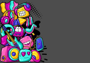 Çizgi film müzikleriyle dolu bir arka plan. Müzik partisi renkli genç yaratıcı illüstrasyon. Modern çizgi roman tarzında moda sembolü.