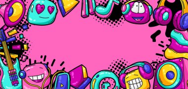 Çizgi film müzikleriyle dolu bir arka plan. Müzik partisi renkli genç yaratıcı illüstrasyon. Modern çizgi roman tarzında moda sembolü.