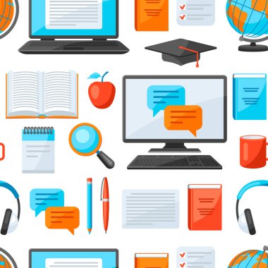 Ev ögelerinde çevrimiçi çalışma ile kusursuz desen. Uzaktan eğitim. Bilgisayar ve internet kullanan modern teknolojiler.