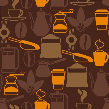 Kahve ikonlarıyla kusursuz desen. İçeceklerin besin örnekleri. Kafe, bar ve kafe için arka plan.