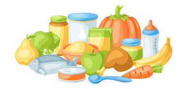 Bebek maması malzemeleriyle dolu bir arka plan. Sağlıklı çocuk beslenmesi.