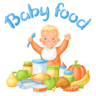 Küçük şirin bebekleri ve yiyecek eşyaları olan bir arka plan. Sağlıklı çocuk beslenmesi.