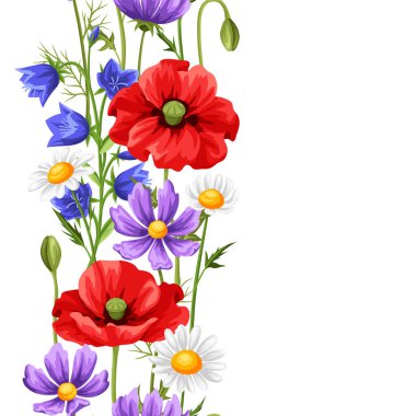 Yaz çiçekleriyle kusursuz desen. Güzel gerçekçi gelincikler, papatyalar ve çanlar.