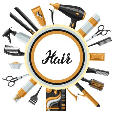 Barbershop banner with professional hairdressing tools. Haircutting salon background. clipart