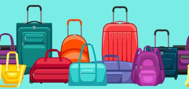 Seyahat bavulları ve çantalarıyla kusursuz desen. Turizm ve dükkanlar için arka plan.