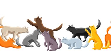 Farklı pozlarda şekillendirilmiş kedilerle kusursuz desen. Şirin bir kedi yavrusu..